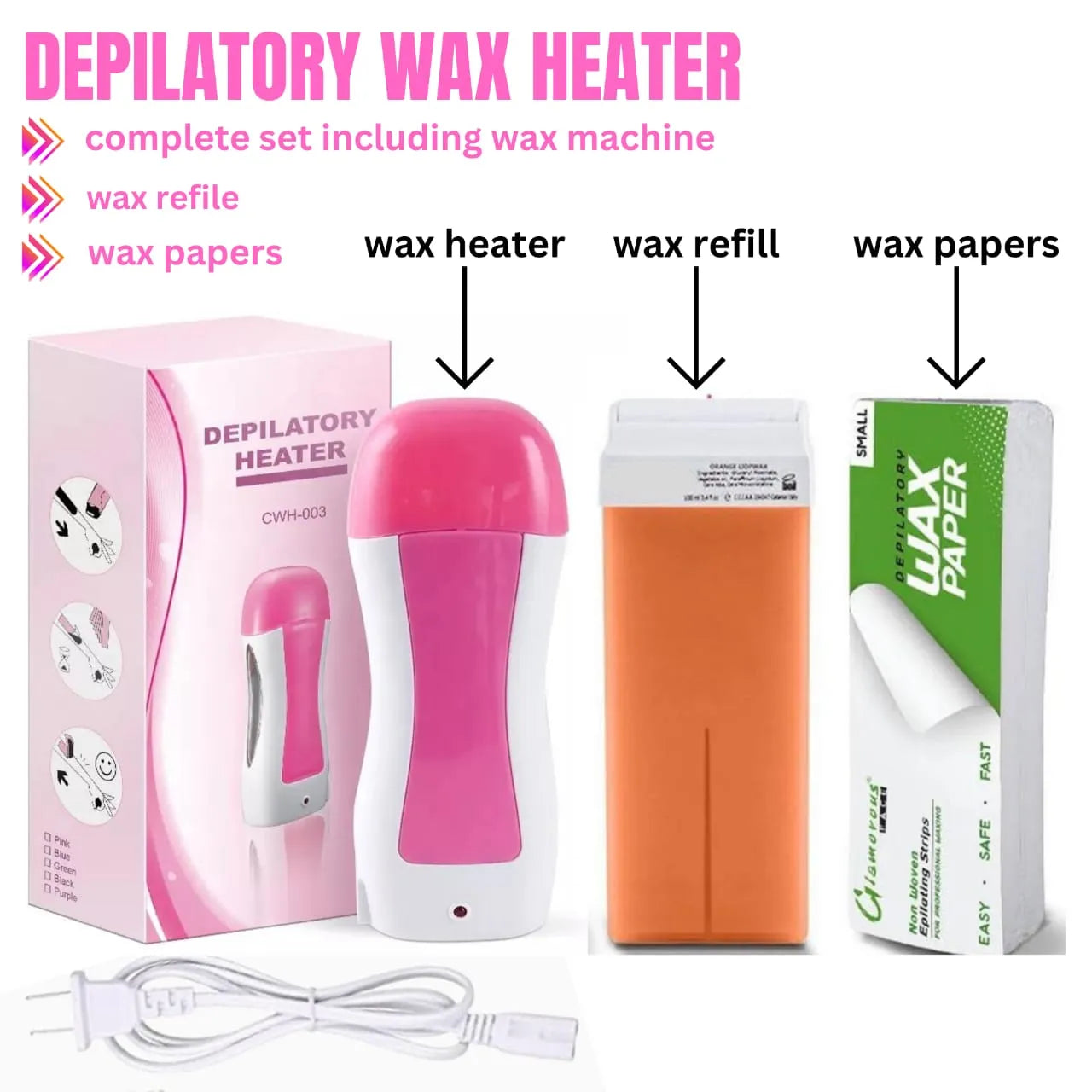 3 in 1 Hot Cartridge Depilatory Heater Wax Waxing (Machine + Refill + Paper)