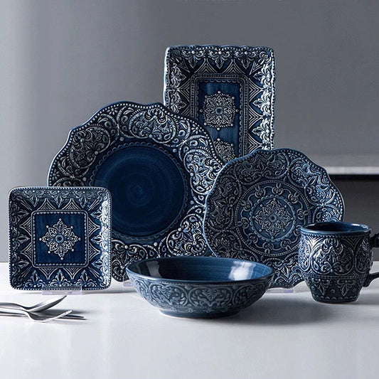 6-Piece Dinnerware Sets Service for One Person European Ceramic Blue Dinnerware Set