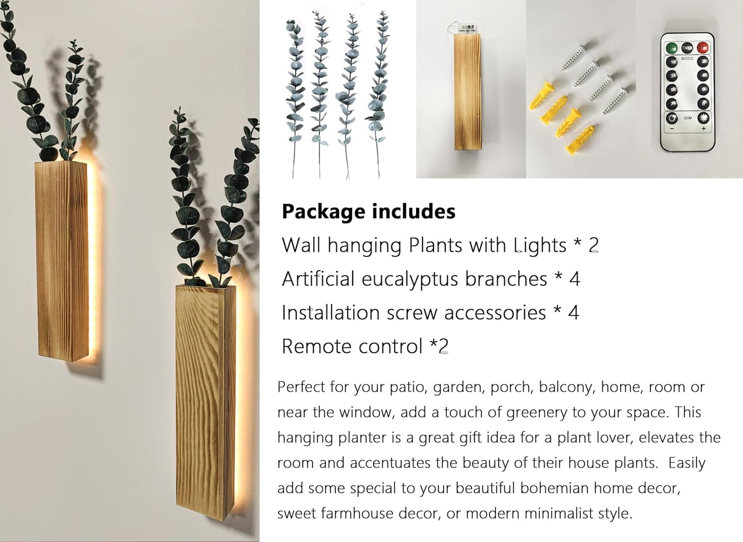 LED Lights Wall Planters Rustic Wall Decor with Lights,Bedroom Living Room Bathroom Hanging Vase for Dried Flowers Faux Plants